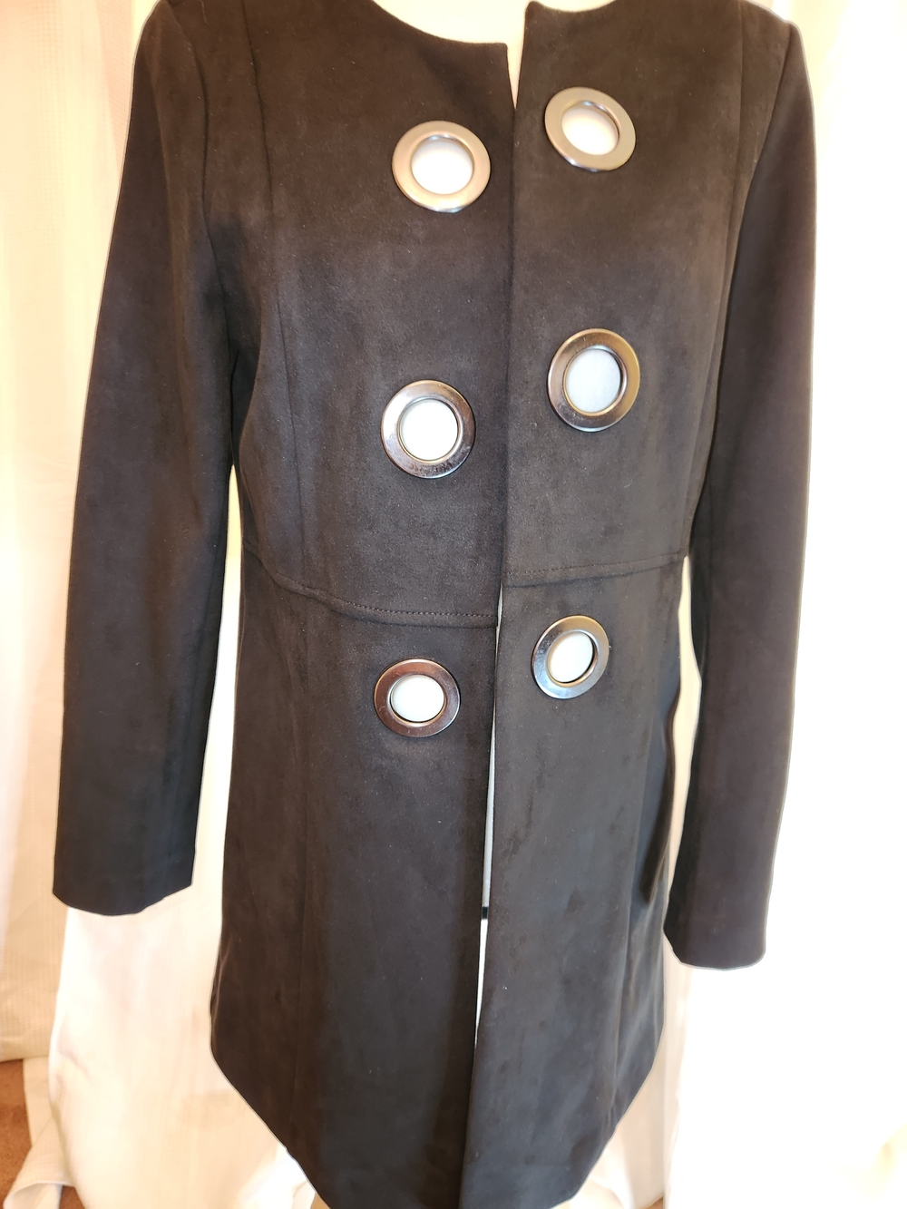 Classic Black Charlie Paige's Women's Long Coat with Metal Eyelet Detail
